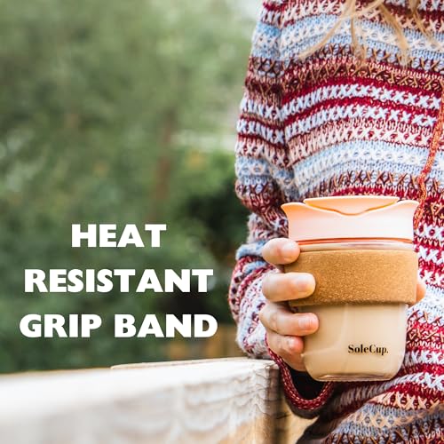 SoleCup. - Reusable Strengthened Glass Travel Cup - Spill Proof Coffee Mug - 12oz/340ml BPA-Free Hot Drink Travel Mug with Lid & Cork Band (Pink, 12oz) - Image 3