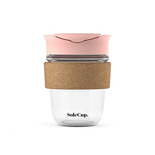SoleCup. - Reusable Strengthened Glass Travel Cup - Spill Proof Coffee Mug - 12oz/340ml BPA-Free Hot Drink Travel Mug with Lid & Cork Band (Pink, 12oz) - Image 1