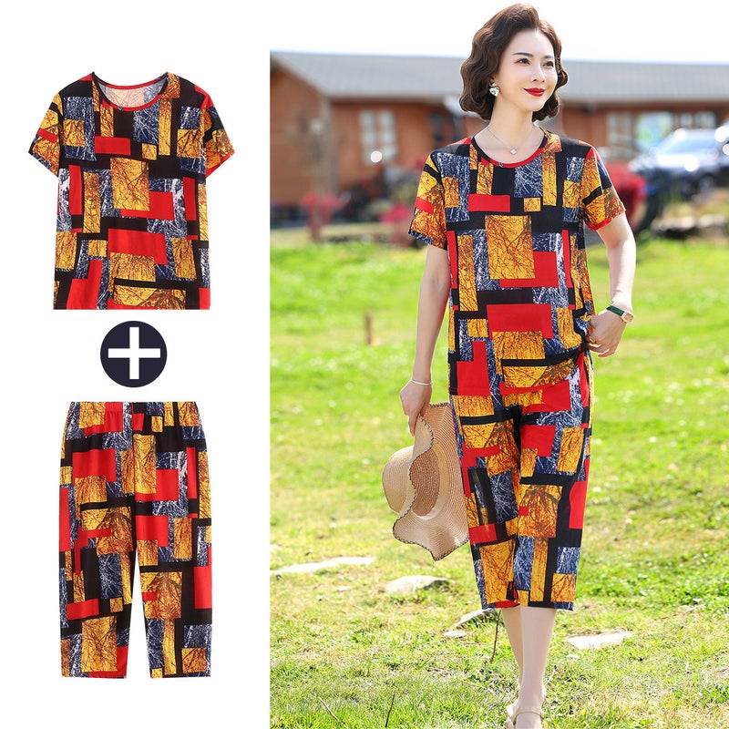 2024 Ice Silk Plus Size Womens Summer Two-Piece Set RED AND YELLOW CHECK 
