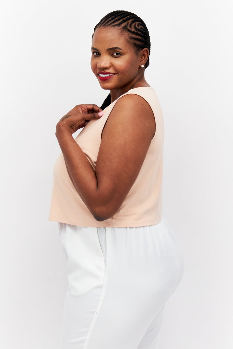 Nina Parker Women Plus Size Scoop Neck Sleeveless Plain Tank Top, Light Pink  - Image 3
