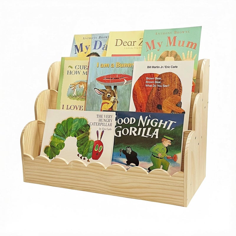Livemy Scalloped Bookshelf for Kids, 3-Tier Small Kids Bookshelf & Baby Book Case, Solid Wood Book Organizer Montessori Toddler Bookshelf for Nursery, Playroom & Kids Rooms (Natural, 23.6*16.5*11in) - Image 1