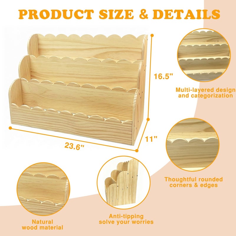 Livemy Scalloped Bookshelf for Kids, 3-Tier Small Kids Bookshelf & Baby Book Case, Solid Wood Book Organizer Montessori Toddler Bookshelf for Nursery, Playroom & Kids Rooms (Natural, 23.6*16.5*11in) - Image 5