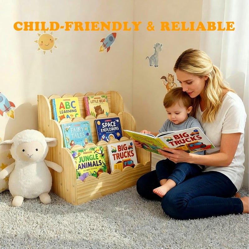 Livemy Scalloped Bookshelf for Kids, 3-Tier Small Kids Bookshelf & Baby Book Case, Solid Wood Book Organizer Montessori Toddler Bookshelf for Nursery, Playroom & Kids Rooms (Natural, 23.6*16.5*11in) - Image 2