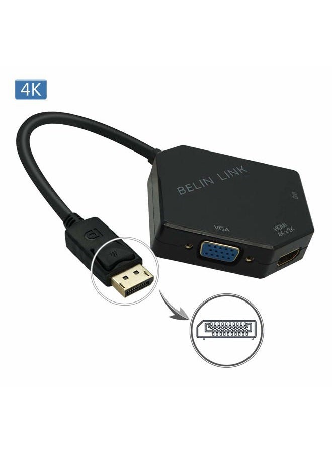 BELIN LINK محول DP إلى HDMI VGA DVI محول Displayport إلى HDMI 4K 3 في 1 محول Display Port إلى HDMI VGA DVI ذكر إلى أنثى مطلي بالذهب على شكل ماسة (أسود) - Image 2