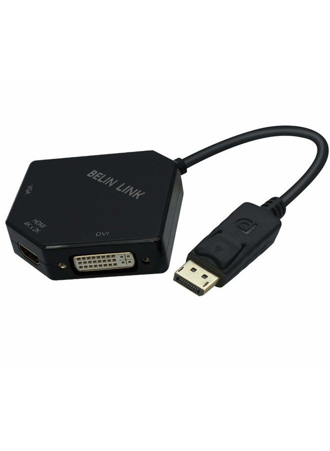 BELIN LINK محول DP إلى HDMI VGA DVI محول Displayport إلى HDMI 4K 3 في 1 محول Display Port إلى HDMI VGA DVI ذكر إلى أنثى مطلي بالذهب على شكل ماسة (أسود) - Image 1