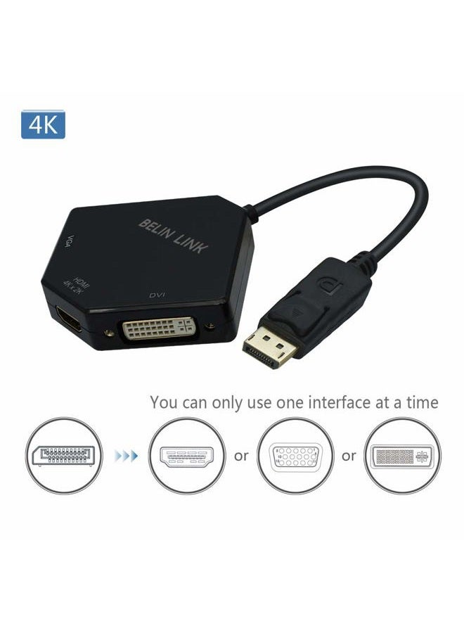 BELIN LINK محول DP إلى HDMI VGA DVI محول Displayport إلى HDMI 4K 3 في 1 محول Display Port إلى HDMI VGA DVI ذكر إلى أنثى مطلي بالذهب على شكل ماسة (أسود) - Image 3