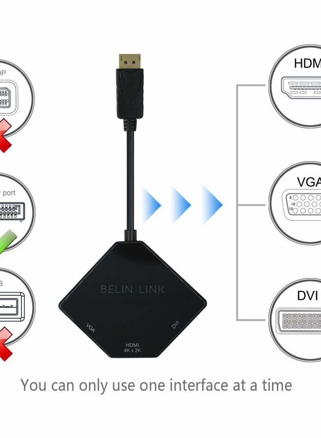 BELIN LINK محول DP إلى HDMI VGA DVI محول Displayport إلى HDMI 4K 3 في 1 محول Display Port إلى HDMI VGA DVI ذكر إلى أنثى مطلي بالذهب على شكل ماسة (أسود) - Image 5