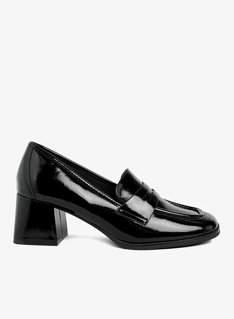 Penny Strap Block Heel Loafers in Black