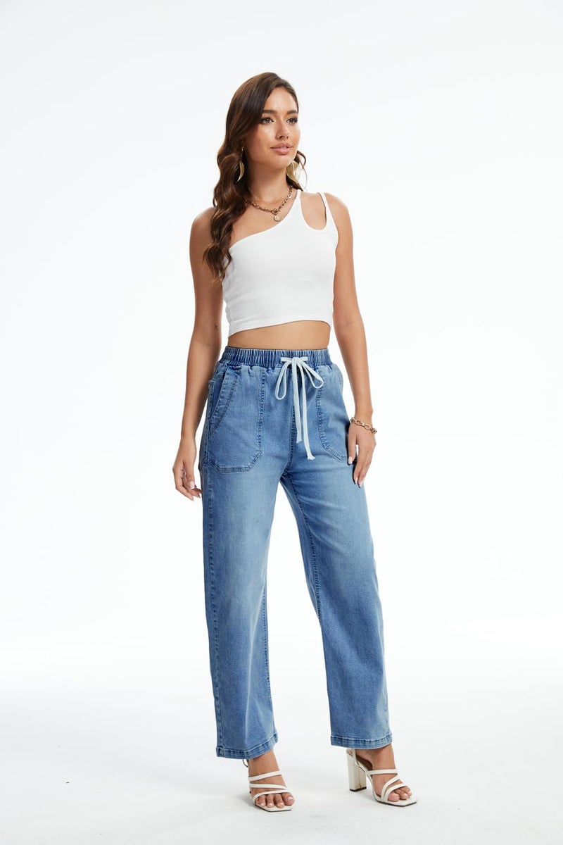 YOCUR Womens Drawstring Wide Leg High Waisted Jeans Elastic Waist Stretchy Straight Leg Baggy Denim Pants with Pockets Blue S - Image 5