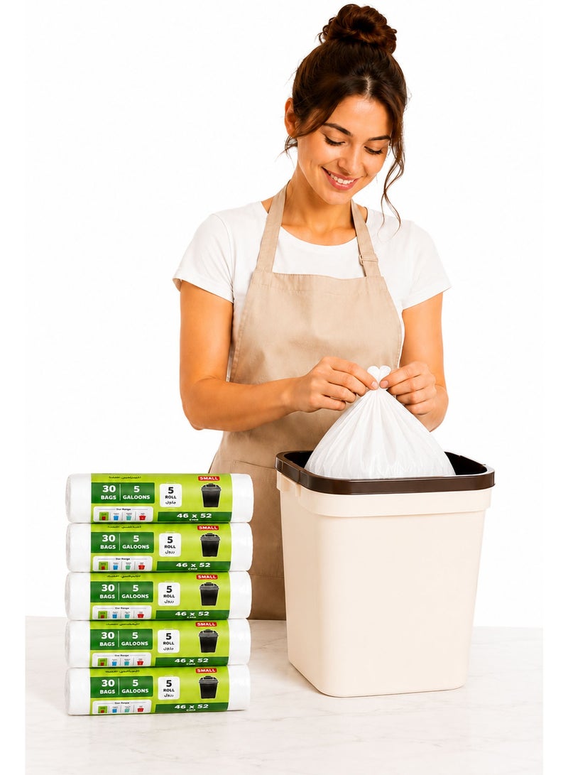 Small Garbage Bags 5 Gallon, 5 Rolls (150 Bags Total), 46 × 52cm Heavy Duty White Trash Bags, Strong Bin Liners for Kitchen, Office, Bathroom, Home & Outdoor Waste Disposal - Image 1