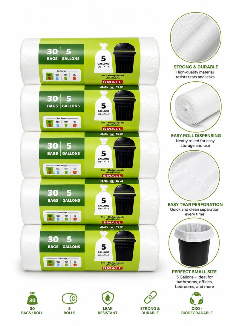 Small Garbage Bags 5 Gallon, 5 Rolls (150 Bags Total), 46 × 52cm Heavy Duty White Trash Bags, Strong Bin Liners for Kitchen, Office, Bathroom, Home & Outdoor Waste Disposal - Image 2