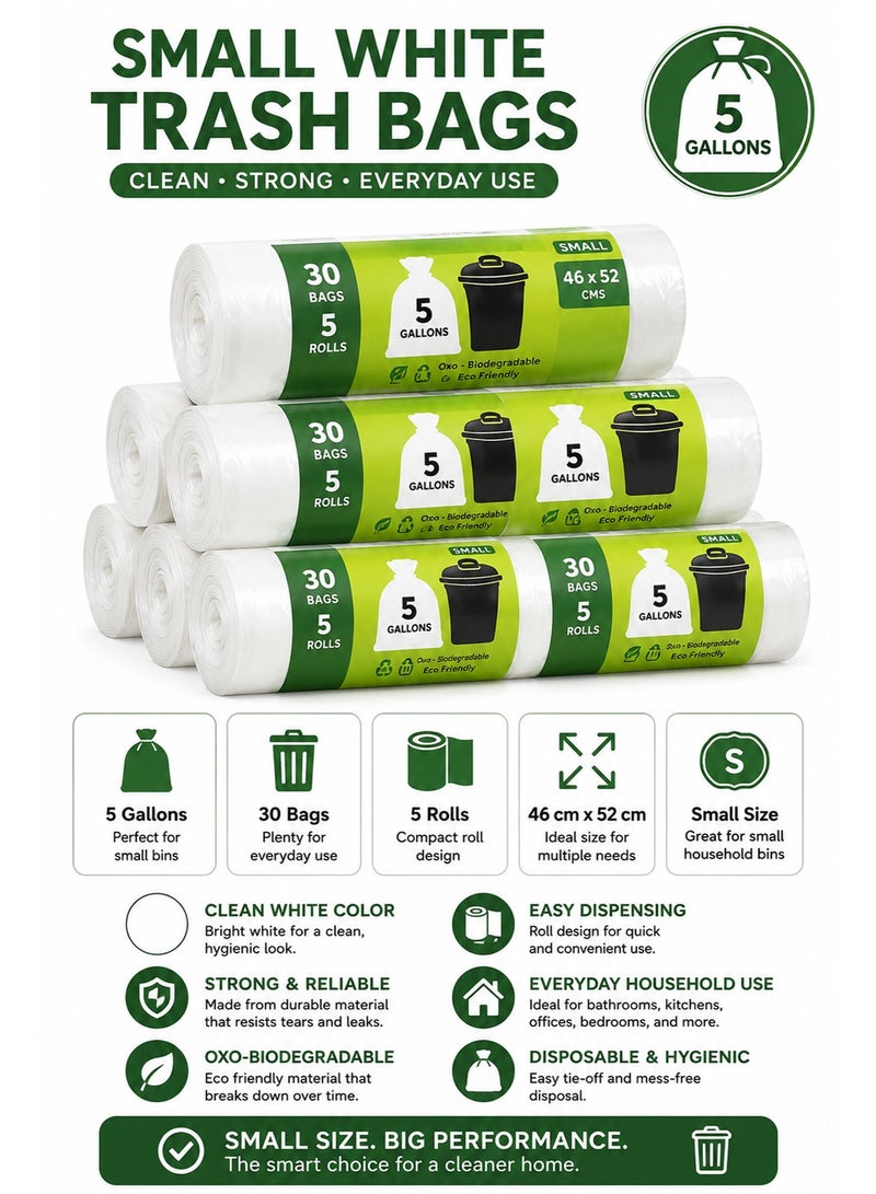 Small Garbage Bags 5 Gallon, 5 Rolls (150 Bags Total), 46 × 52cm Heavy Duty White Trash Bags, Strong Bin Liners for Kitchen, Office, Bathroom, Home & Outdoor Waste Disposal - Image 3