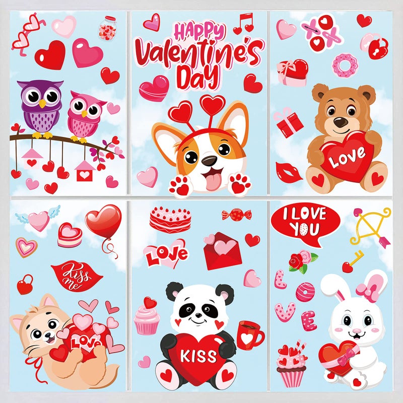 Whaline 9 Sheet Valentines Day Window Clings  Lovely Animals Decals DoubleSided Cute Cartoon Decor for Valentines Day Wedding Anniversary Home Office School Party Supplies