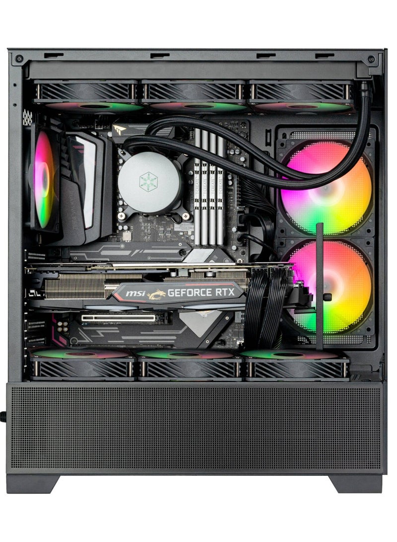 سيلفر ستون هيكل كمبيوتر Lucid 05 ATX متوسط ​​الحجم، ألواح زجاجية مقسّاة بانورامية بزاوية 270 درجة، 3 مراوح ARGB بقطر 120 مم مثبتة مسبقًا، منفذ USB-C أمامي، يدعم مشعاعًا بقطر 360 مم، وحدة معالجة رسومات بقطر 410 مم، مبرد وحدة معالجة مركزية بقطر 173 مم، مزود طاقة بقطر 200 مم، متوافق مع Micro-ATX / Mini-ITX / ATX - أسود | SST-LD05-B-ARGB - Image 3