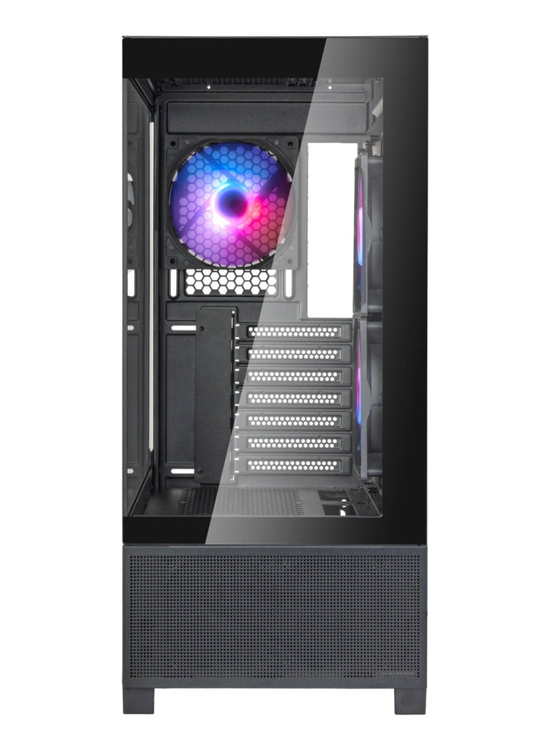 سيلفر ستون هيكل كمبيوتر Lucid 05 ATX متوسط ​​الحجم، ألواح زجاجية مقسّاة بانورامية بزاوية 270 درجة، 3 مراوح ARGB بقطر 120 مم مثبتة مسبقًا، منفذ USB-C أمامي، يدعم مشعاعًا بقطر 360 مم، وحدة معالجة رسومات بقطر 410 مم، مبرد وحدة معالجة مركزية بقطر 173 مم، مزود طاقة بقطر 200 مم، متوافق مع Micro-ATX / Mini-ITX / ATX - أسود | SST-LD05-B-ARGB - Image 4