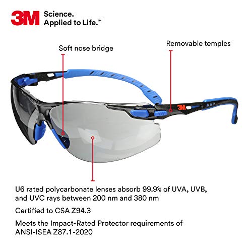3M Safety Glasses, Solus 1000, S1102SGAF, ANSI Z87, Scotchgard Anti-Fog Gray Lens, Blue/Black Frame, UV Protection, Premium Eye Protection, Padded Temple, Soft Nosebridge - Image 2