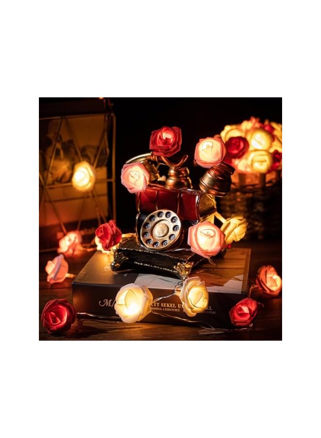 The Bros 20 قطعة من أضواء سلسلة الزهور الوردية الرومانسية، أضواء LED تعمل بالبطارية باللون الأحمر والوردي والأبيض، 10 أقدام من الزينة لعيد الميلاد، أضواء الجنية الوردية (3م، 20 ضوء) لعيد الحب وزفاف الديكور الداخلي والخارجي. - Image 4