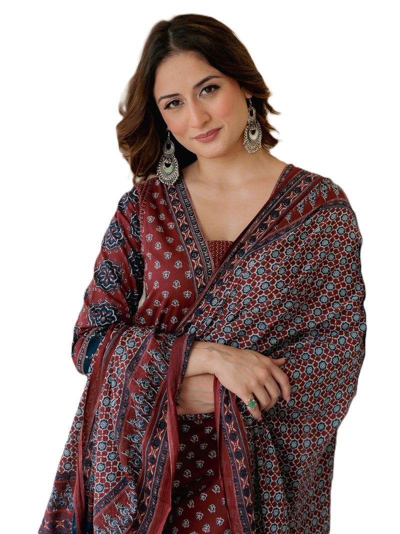 Arayna Women’s 100% Pure Cotton Printed Ethnic Suit | A-Line Kurta Set with Pant & Dupatta, Maroon, XX-Large - Image 1