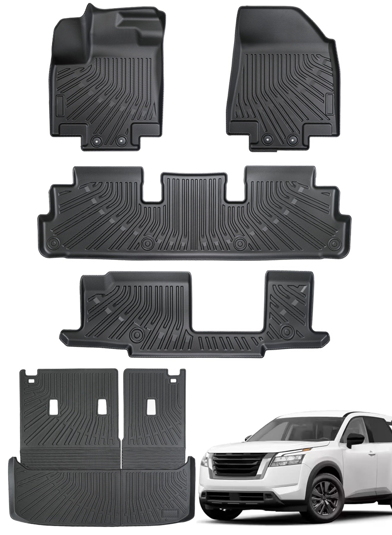 Delehehe Floor Mats Compatible with 2022-2025 Nissan Pathfinder 7&8 Seats Accessories Floor Mats 2 Row Liner Set All Weather TPE 3D Floor Liners&Rear Cargo Mat