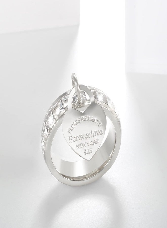 JINHUI Eternity Band Ring for Women, Forever Love Promise Ring, Cubic Zirconia Wedding Band Engagement Ring with Dangling Heart Charm (Silver, 7) - Image 3