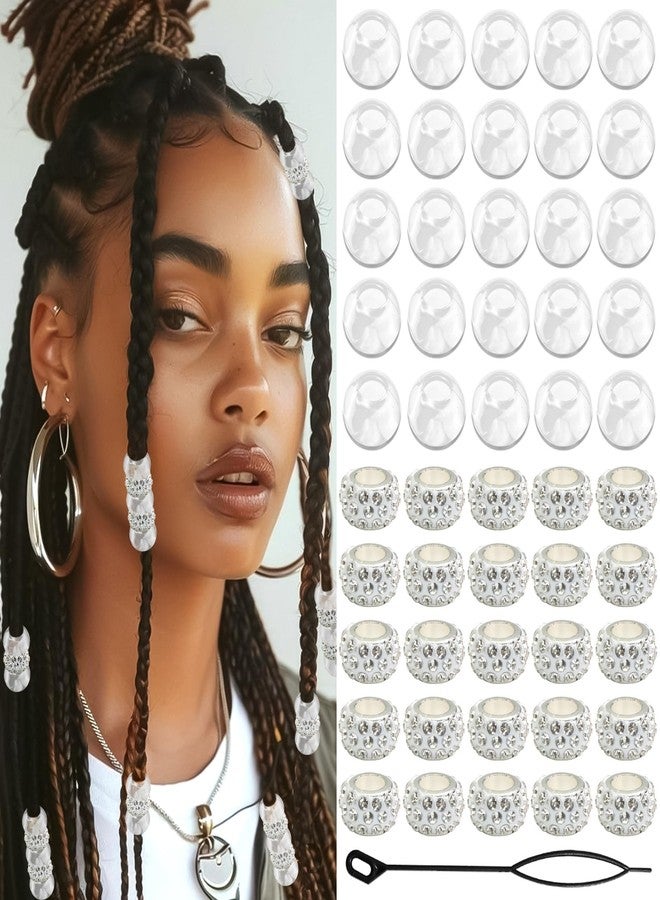 VENOFEN 50PCS Silver Rhinestone Hair Beads Loc Dreadlock Jewelry Clear Pony Bead Hair Braids Accessories European Beads for Hair Decoration for Women and Men - Image 1