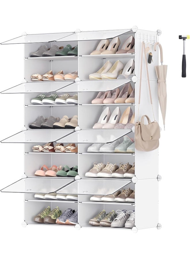 SONGMICS Interlocking Shoe Rack, Plastic Shoe Storage Cabinet, 8-Slot Modular Storage Organiser Unit, 30 x 40 x 30 cm for Each Slot, with Doors, Steel Frame, Plastic Panels, White - Image 1