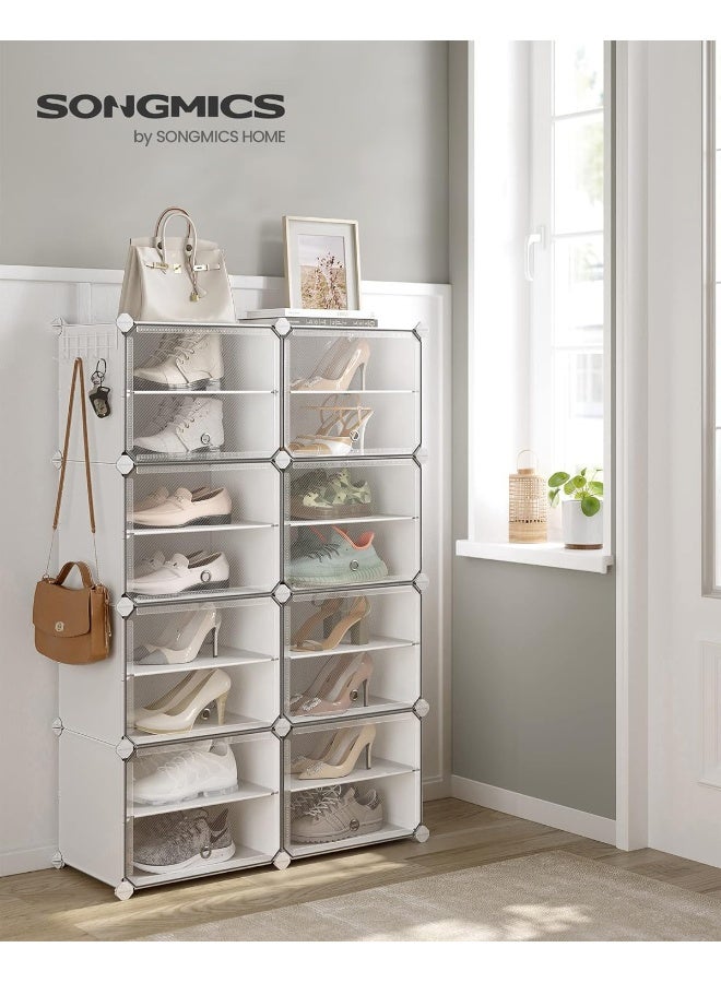 SONGMICS Interlocking Shoe Rack, Plastic Shoe Storage Cabinet, 8-Slot Modular Storage Organiser Unit, 30 x 40 x 30 cm for Each Slot, with Doors, Steel Frame, Plastic Panels, White - Image 2