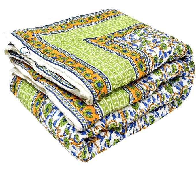 400 TC JAIPURI LIGHTWEIGHT PURE COTTON TRADITIONAL RAJASTHANI PRINT OLIVE GREEN COLOUR SINGLE BED QUILTRAZAIRAJAI OLIVE GREENL FLORAL PRINT SINGLE BED BREATHABLE PACK OF 1
