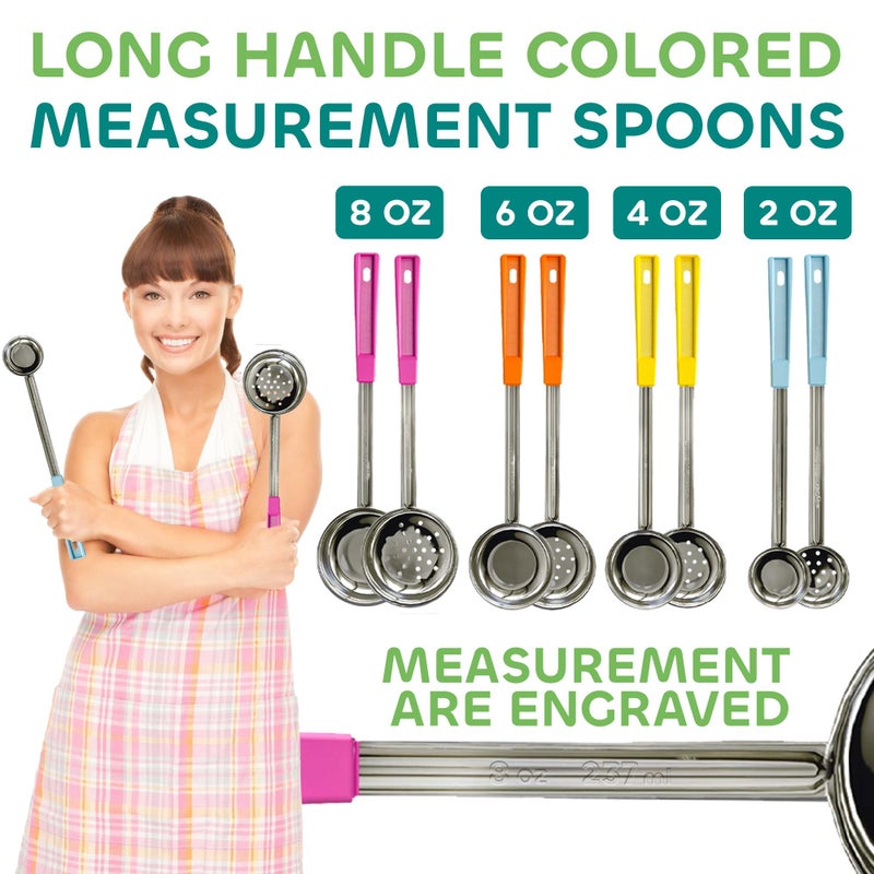 JoyServe Portion Control Serving Spoons - (8 Piece Set) Restaurant Measuring Serving Ladle Utensils for Weight Loss, Bariatric Gastric Sleeve, Includes 2, 4, 6, 8 oz Solid & Perforated Scoops, 14-1/4" Long - Image 4