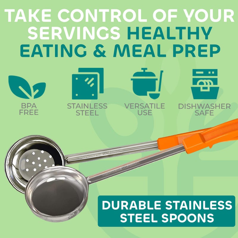 JoyServe Portion Control Serving Spoons - (8 Piece Set) Restaurant Measuring Serving Ladle Utensils for Weight Loss, Bariatric Gastric Sleeve, Includes 2, 4, 6, 8 oz Solid & Perforated Scoops, 14-1/4" Long - Image 2