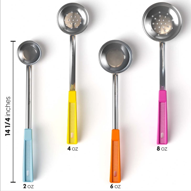 JoyServe Portion Control Serving Spoons - (8 Piece Set) Restaurant Measuring Serving Ladle Utensils for Weight Loss, Bariatric Gastric Sleeve, Includes 2, 4, 6, 8 oz Solid & Perforated Scoops, 14-1/4" Long - Image 3