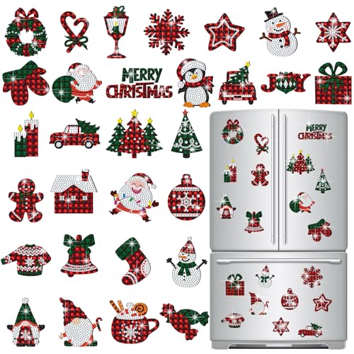 Copkim 30 Pcs Christmas Diamond Art Magnets Kits DIY Buffalo Plaid Diamond Art Fridge Magnetic Stickers Xmas Gem Magnets for Beginners Holiday Decor Home - Image 1