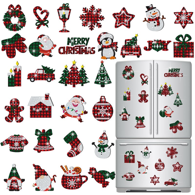 Copkim 30 Pcs Christmas Diamond Art Magnets Kits DIY Buffalo Plaid Diamond Art Fridge Magnetic Stickers Xmas Gem Magnets for Beginners Holiday Decor Home - Image 2