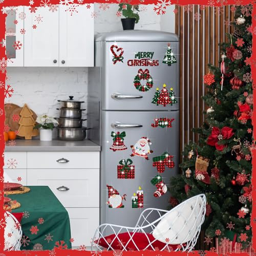 Copkim 30 Pcs Christmas Diamond Art Magnets Kits DIY Buffalo Plaid Diamond Art Fridge Magnetic Stickers Xmas Gem Magnets for Beginners Holiday Decor Home - Image 3