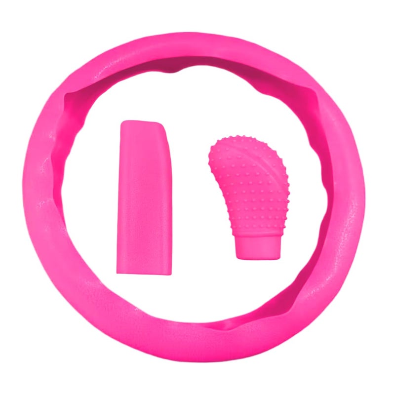 LHDOS 3PCS Silicone Car Steering Wheel Cover Set Includes Car Handbrake Cover Gear Shift Cover AntiSlip Steering Wheel Protector Universal Auto Interior Decoration for Most Cars Rose Red - Image 3