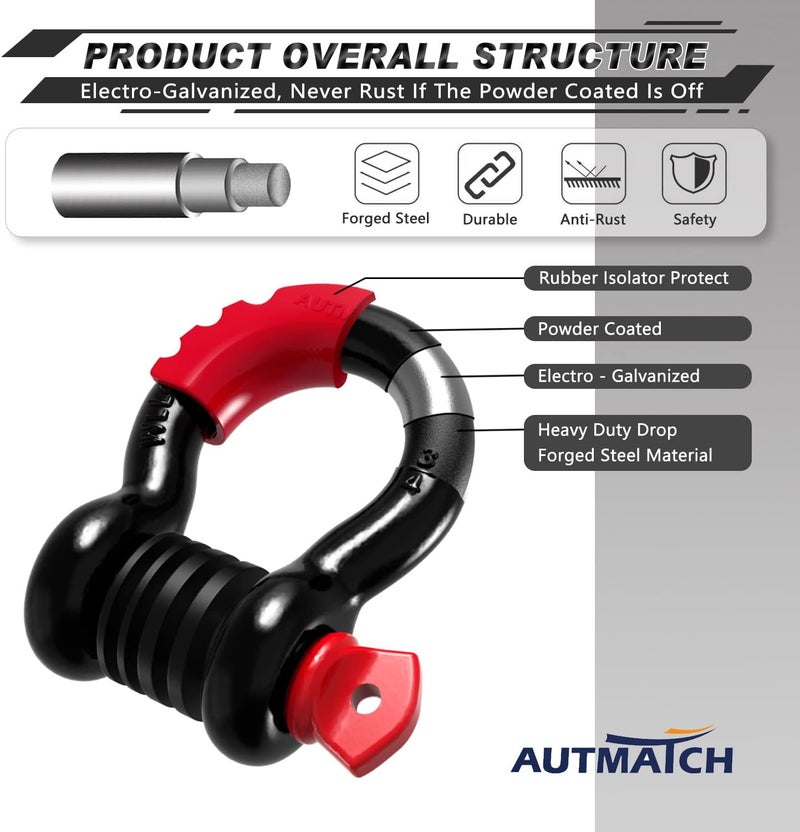 AUTMATCH D Ring Shackle 3/4" Shackles (2 Pack) 41,887Ibs Break Strength, Clevis Shackle with 7/8" Screw Pin and Shackle Isolator Washers Kit for Tow Strap Winch Off Road Vehicle Recovery, Black & Red - Image 4