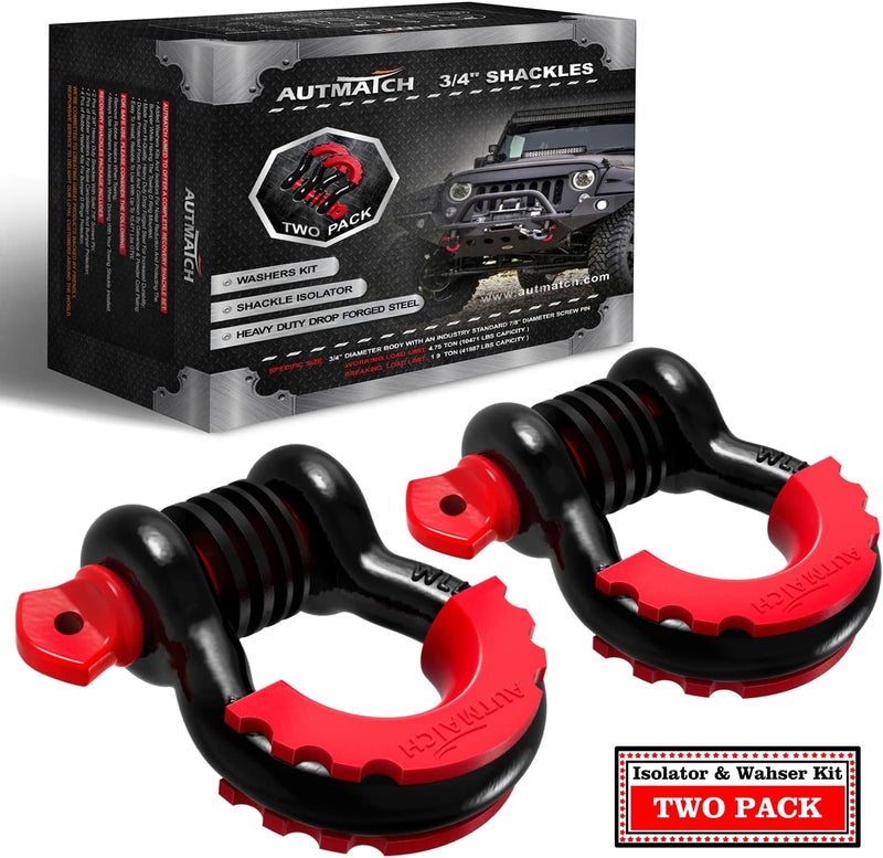 AUTMATCH D Ring Shackle 3/4" Shackles (2 Pack) 41,887Ibs Break Strength, Clevis Shackle with 7/8" Screw Pin and Shackle Isolator Washers Kit for Tow Strap Winch Off Road Vehicle Recovery, Black & Red - Image 1