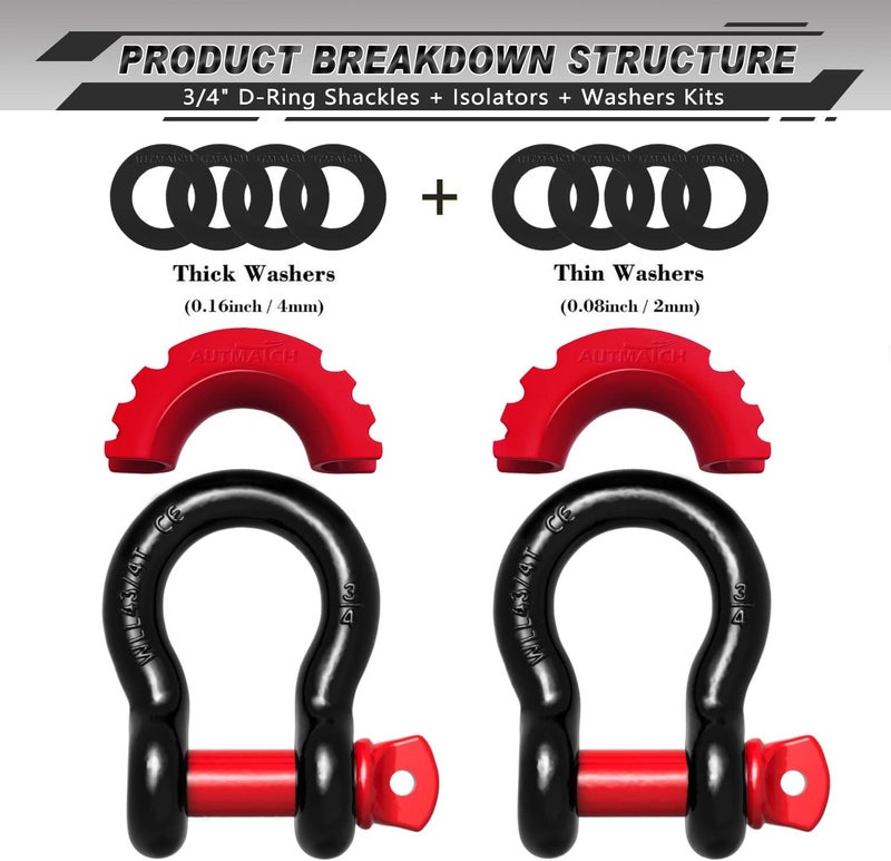 AUTMATCH D Ring Shackle 3/4" Shackles (2 Pack) 41,887Ibs Break Strength, Clevis Shackle with 7/8" Screw Pin and Shackle Isolator Washers Kit for Tow Strap Winch Off Road Vehicle Recovery, Black & Red - Image 2