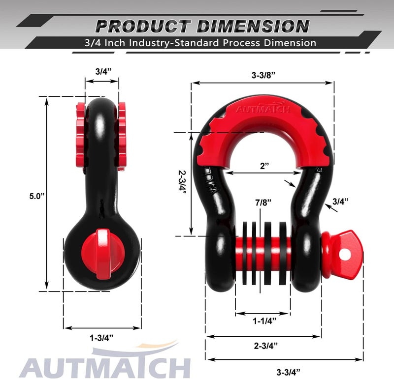 AUTMATCH D Ring Shackle 3/4" Shackles (2 Pack) 41,887Ibs Break Strength, Clevis Shackle with 7/8" Screw Pin and Shackle Isolator Washers Kit for Tow Strap Winch Off Road Vehicle Recovery, Black & Red - Image 3