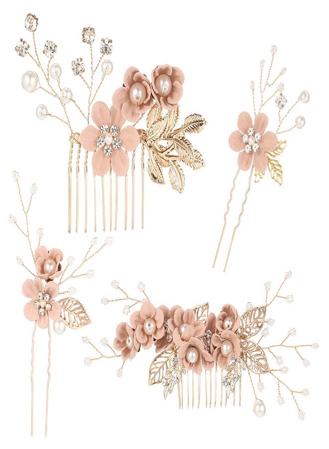BOWINR 4 Pcs Wedding Hair Comb Pearl Crystal Bride Rose Gold Hair Accessories Hair Side Comb Clips Flower Rhinestone Head Pieces for Bridesmaid Women and Girls - Image 1