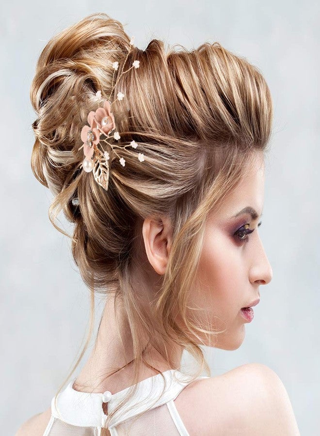 BOWINR 4 Pcs Wedding Hair Comb Pearl Crystal Bride Rose Gold Hair Accessories Hair Side Comb Clips Flower Rhinestone Head Pieces for Bridesmaid Women and Girls - Image 4