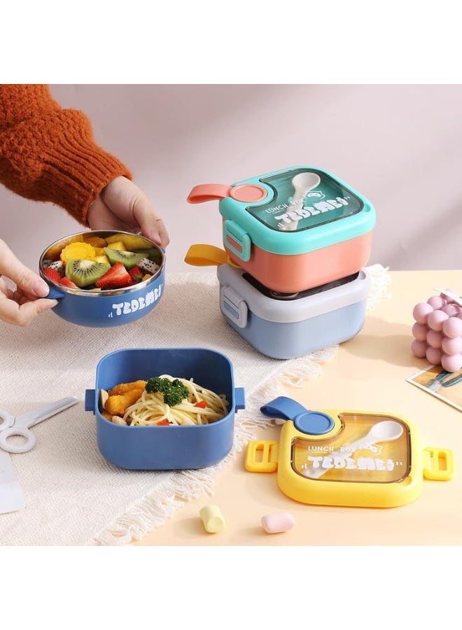 موبكوس صندوق غداء للأطفال بوعاء ستانلس ستيل، طبقتين، قفل كليب، مانع للتسرب، تصميم بحجرتين،  مل أزرق - Image 4