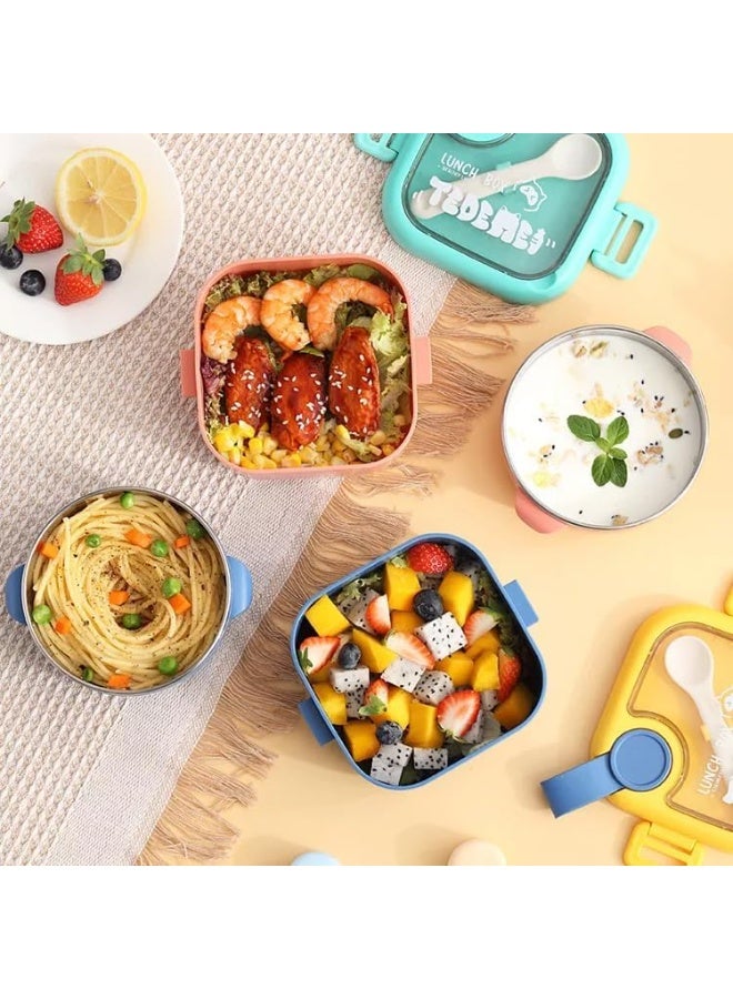 موبكوس صندوق غداء للأطفال بوعاء ستانلس ستيل، طبقتين، قفل كليب، مانع للتسرب، تصميم بحجرتين،  مل أزرق - Image 5