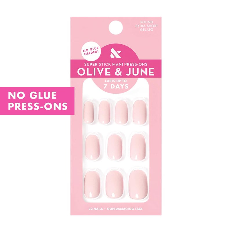Olive & June Classic Super Stick Mani Press On Nails | No Glue Needed | 32 Tab Nails 16 Sizes | Non-Toxic Tabs Non-Damaging 7-Day Wear | Spring Flowers & Patterns | Short, Round | Gelato Pink - Image 2