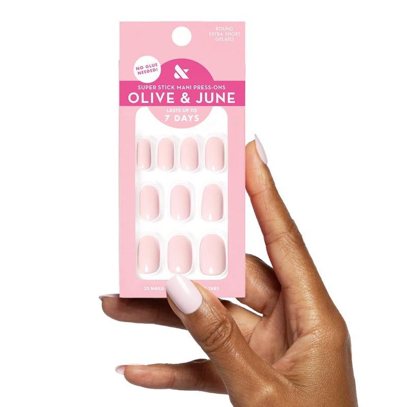 Olive & June Classic Super Stick Mani Press On Nails | No Glue Needed | 32 Tab Nails 16 Sizes | Non-Toxic Tabs Non-Damaging 7-Day Wear | Spring Flowers & Patterns | Short, Round | Gelato Pink - Image 1