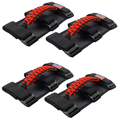 KOHUIPU Premium Paracord Roll Bar Grab Handles for Jeep Wrangler YJ TJ JK JKU JL JLU Sports Sahara Freedom Rubicon Unlimited X Gladiator JT 1955-2023 UTV ATV (4Pack, Red) - Image 1