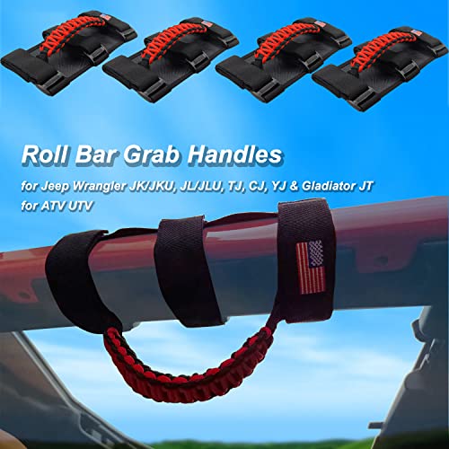 KOHUIPU Premium Paracord Roll Bar Grab Handles for Jeep Wrangler YJ TJ JK JKU JL JLU Sports Sahara Freedom Rubicon Unlimited X Gladiator JT 1955-2023 UTV ATV (4Pack, Red) - Image 2