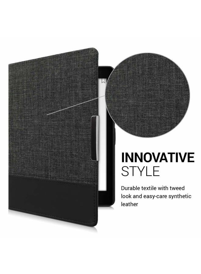 kwmobile Case Compatible with Kobo Aura ONE - PU Leather and Canvas e-Reader Cover - Anthracite/Black - Image 2