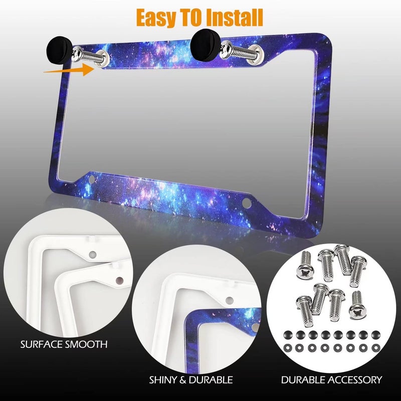 PAUSEBOLL Galaxy License Plate Frame - 2 Pcs Set Quality Aluminum Metal Blue Purple Starry Sky Night Car Tag Holders 4 Holes for US Canadian Car (12.3" x 6.3") - Image 4