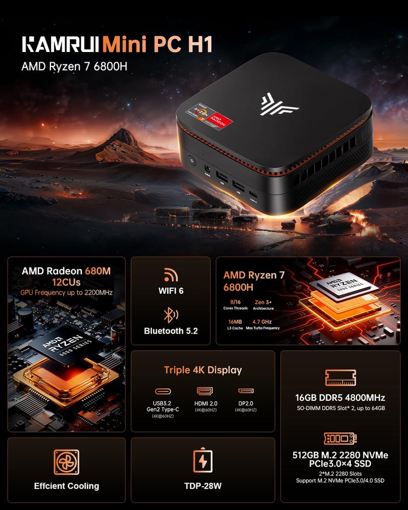 KAMRUI كمروى هايبر H1 ميني بي سي للألعاب، AMD رايزن 7 6800H، 16GB DDR5 4800MHz 512GB M.2 NVMe PCIe3.0x4 SSD ميني بي سي (8C/16T، حتى 4.7GHz)، 16MB L3 كاش ذكي، ثلاث شاشات 4K/واي فاي 6/بلوتوث 5.2/أجهزة كمبيوتر مكتبية ميني - Image 2